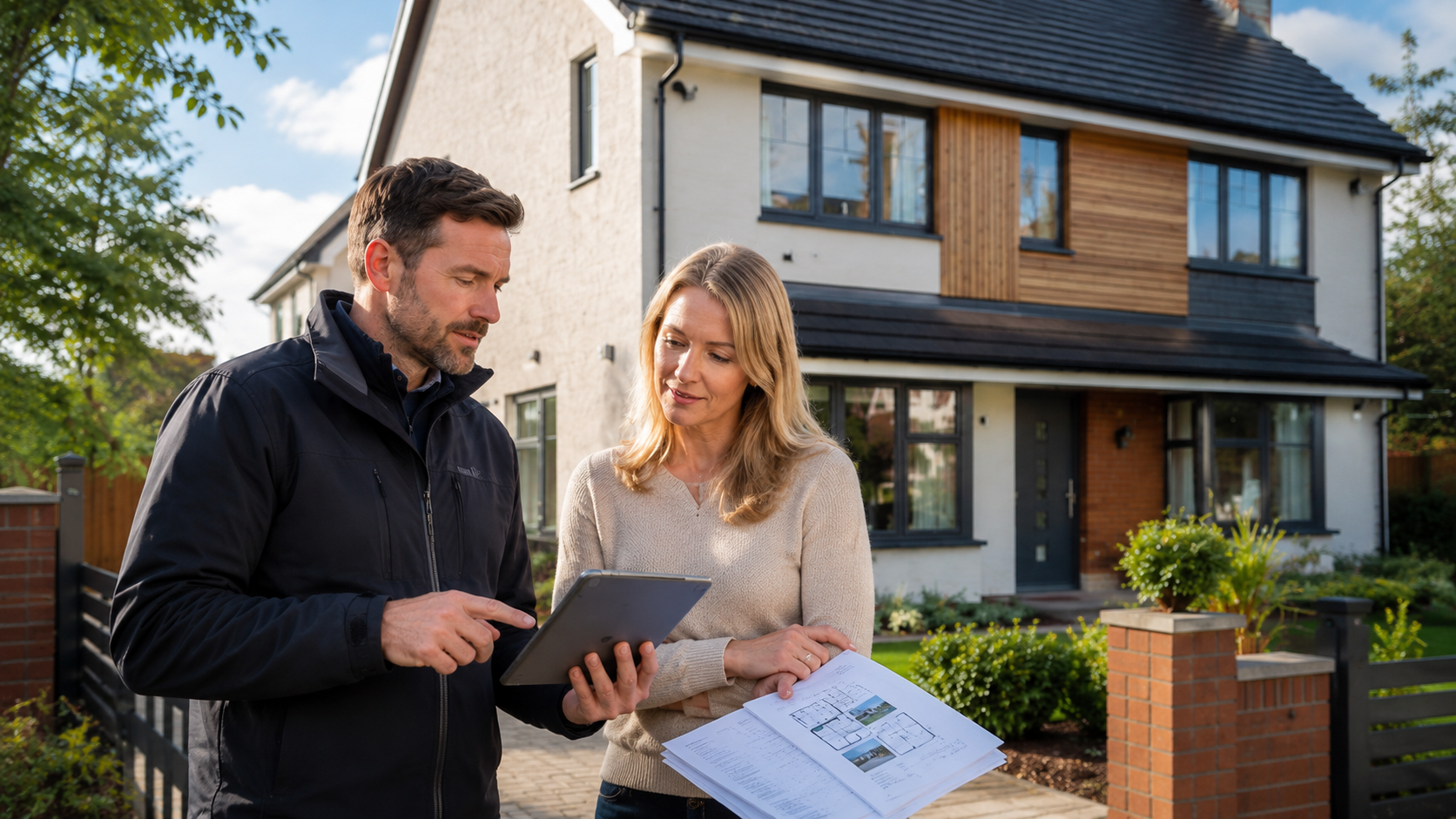 Sublime coordinator planning retrofit upgrades with a homeowner outside a UK property